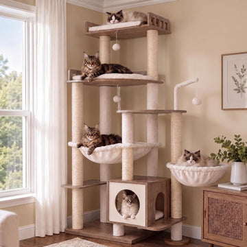 Cat Tree, 70.5" Wood Tall Cat Tower for Large Indoor Cats