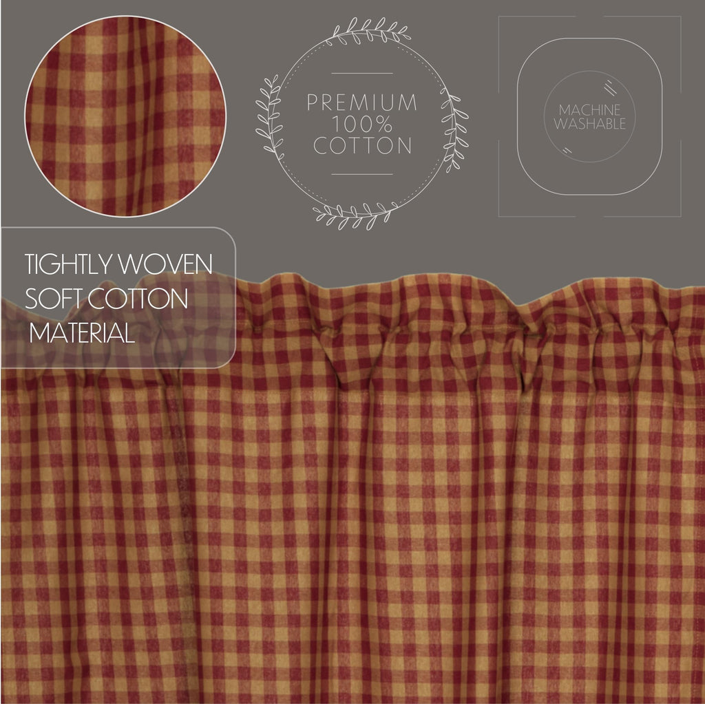 Check Cotton Primitive Kitchen Curtains Rod Pocket 16x60 Valance, Burgundy Red