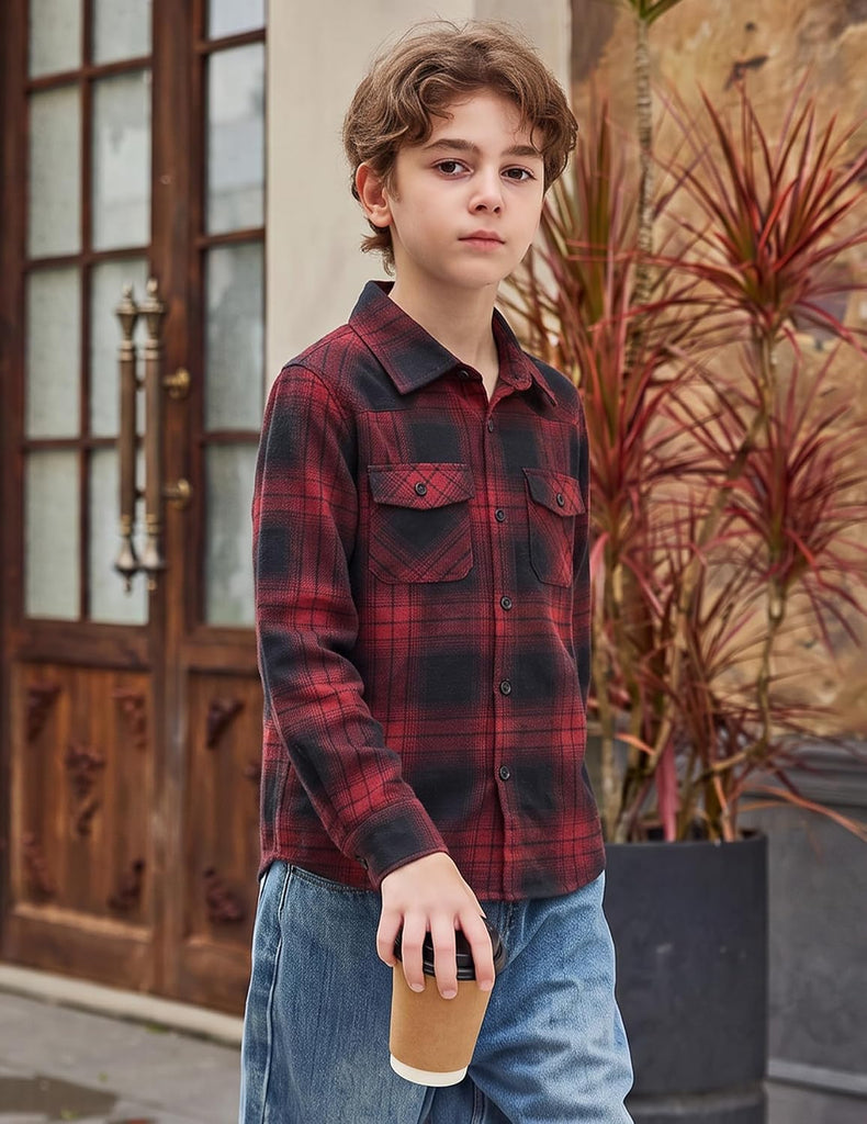 Boys Flannel Plaid Shirt Long Sleeve Button Down Casual Shirts
