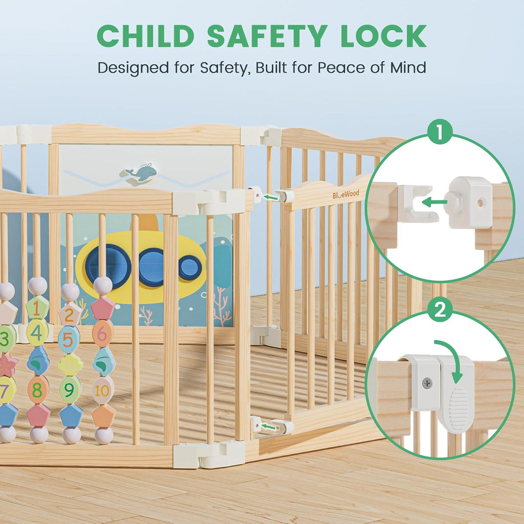 Foldable Wooden Playpen, 55 x 55 x 24 inches, Ocean Adventure, Natural | Adjustable Wood Baby Play Yard with
