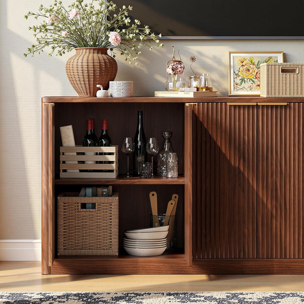 67" Walnut Fluted TV Stand for TVs up tp 75", Mid-Century Modern Entertainment Center with Storage Cabinets and