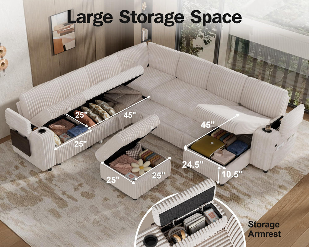 130" Modular Sectional Sleeper Sofa with Pull Out Bed, 9 Seat Corduroy L Shaped Couch with Ottoman and Chaise|USB