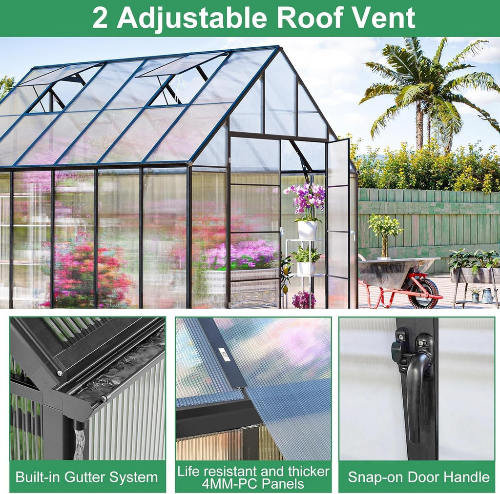 12.4x10.2x10 FT Greenhouse for Outdoors,Easy Assembly Large Polycarbonate Greenhouse Aluminum Heavy Duty Greenhouses