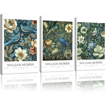 William Morris Wall Art, 3-Piece Vintage Bird Floral Canvas Painting, Botanical Pattern Wall Decor Bedroom Dining