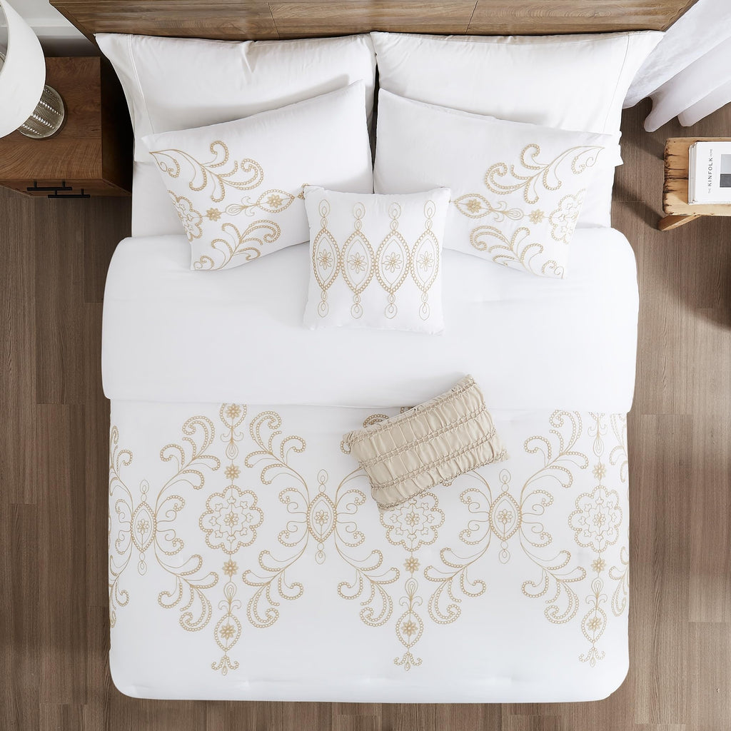 Sabrina Embroidered Comforter Set - 5 Piece White Bed Set with Gold Detailing, Decorative Pillows & Shams