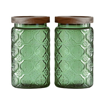 2-Pack 34 oz Green Glass Storage Jars, Begonia Pattern, Airtight Wood Lids