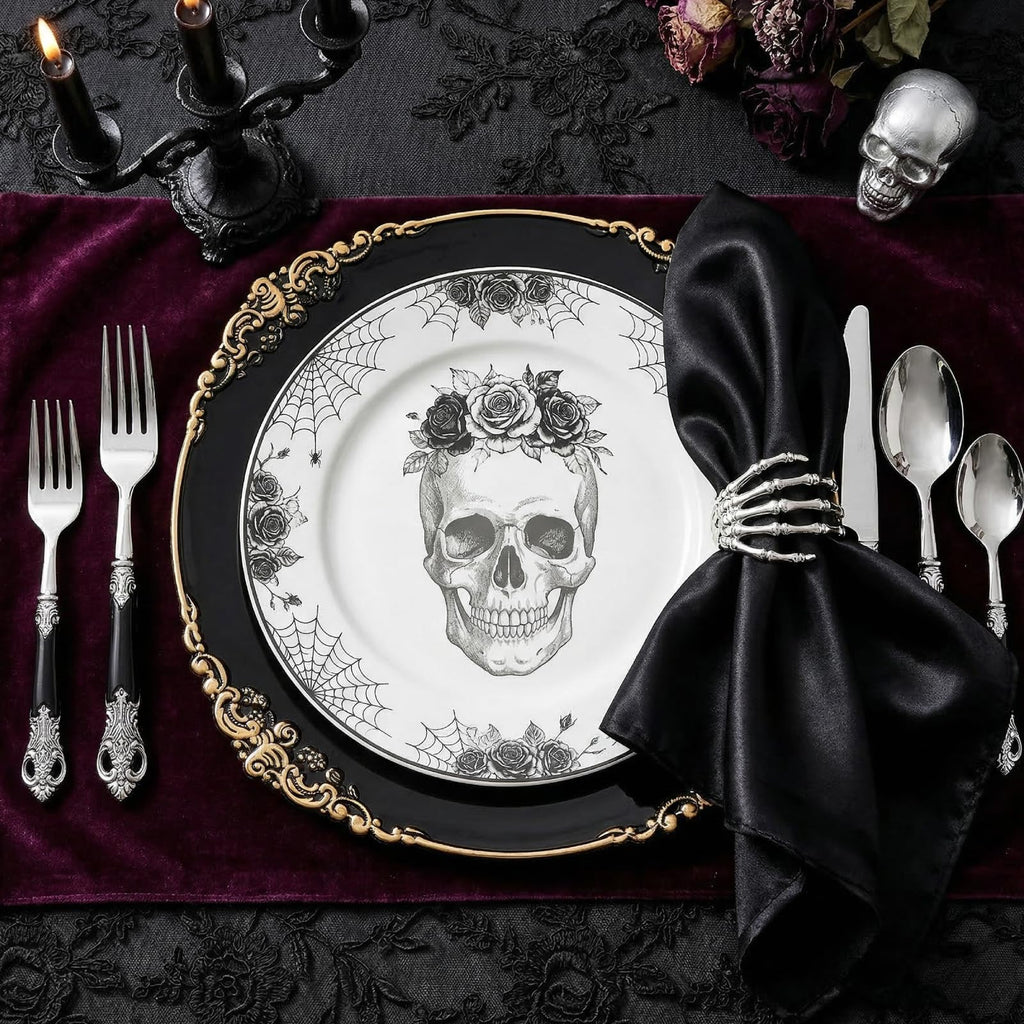 12 Pack Black Charger Plates with Floral Trim, 13" Plastic Vintage Black Chargers for Dinner Plates for Catering