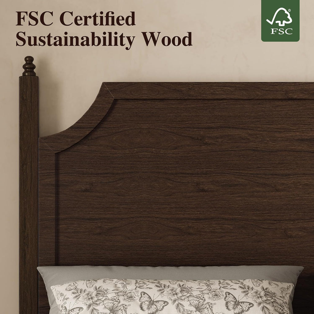 Classic Four-Poster King Bed Frame with Curved Headboard, Walnut Wood