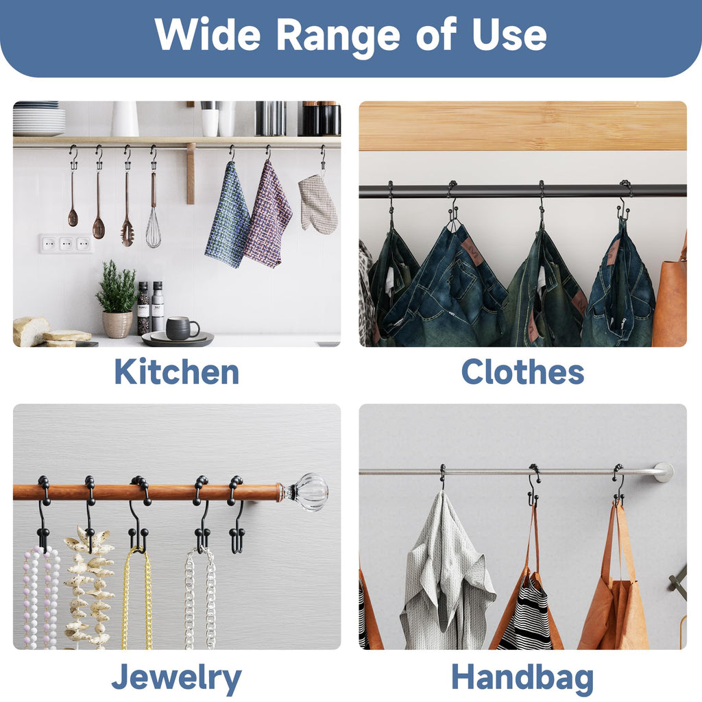 Black Shower Curtain Hooks Rings, Rust-Resistant Metal Double Glide Shower Hooks Shower Rods Curtains, Set of 12