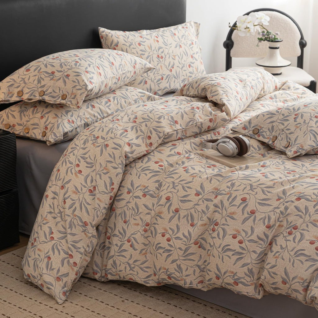 Cotton Linen Floral Duvet Cover Set - Vintage Botanical Print Bedding with Wooden Button Closure, Soft