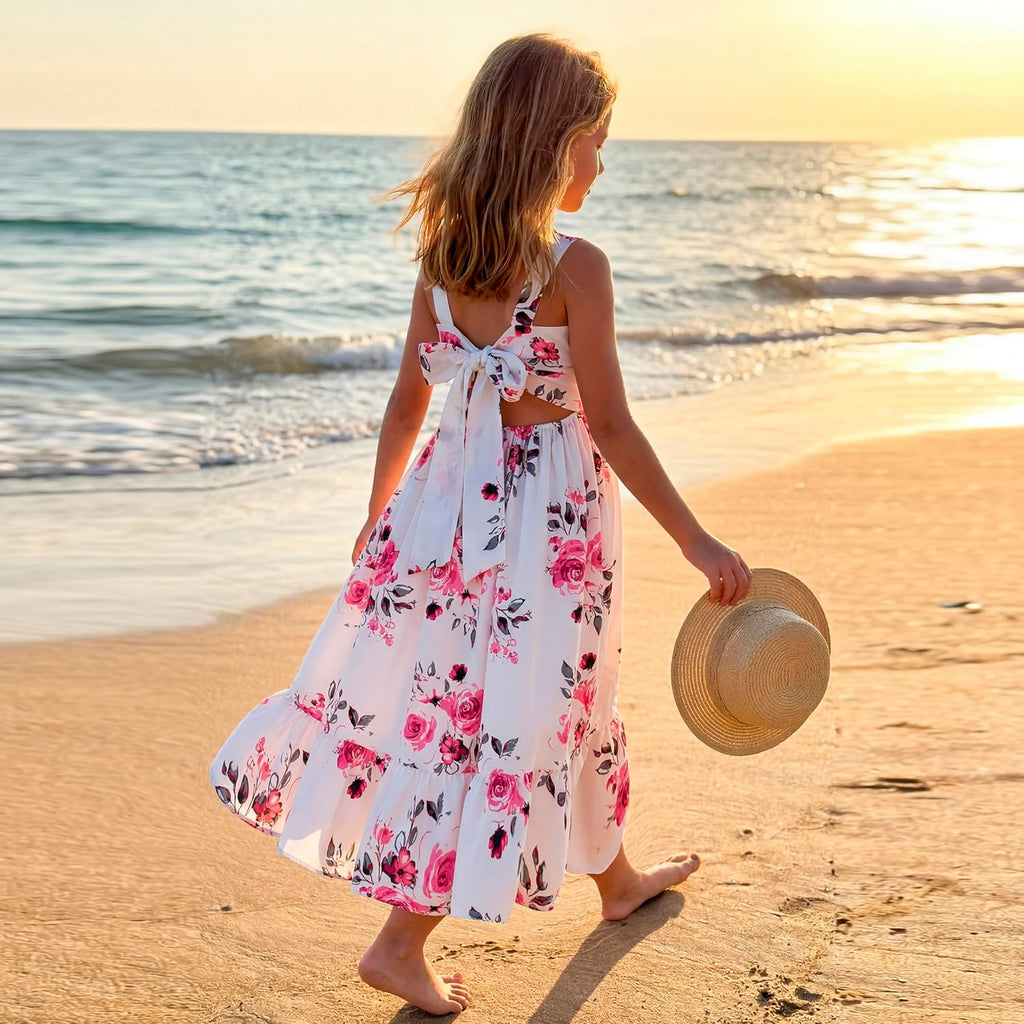 Floral Girls Summer Dress Maxi Flowy Tie Back Spring Kids Birthday Party Sundress