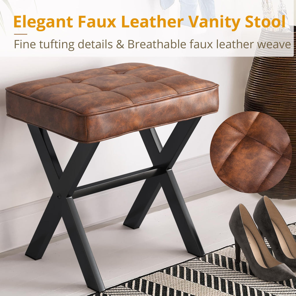 Vanity Stool, Square Faux Leather Makeup Stool with Metal X Legs, Small Ottoman Stool Chair for Vanity, Modern Padded