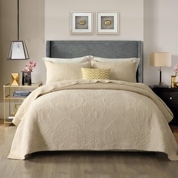Cream Bedding Cotton Vintage Floral Paisley Quilt Set Scalloped Comforter Bedspread Quilted Coverlet Cotton