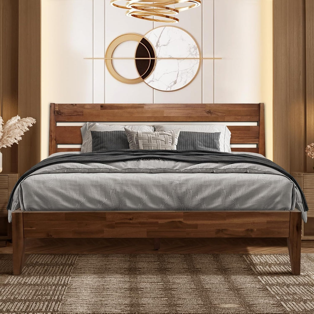 Emery Bed Frame with Headboard Solid Wood Platform Bed, Queen Size Bed Frame, Mid - Century Modern Wood Bed
