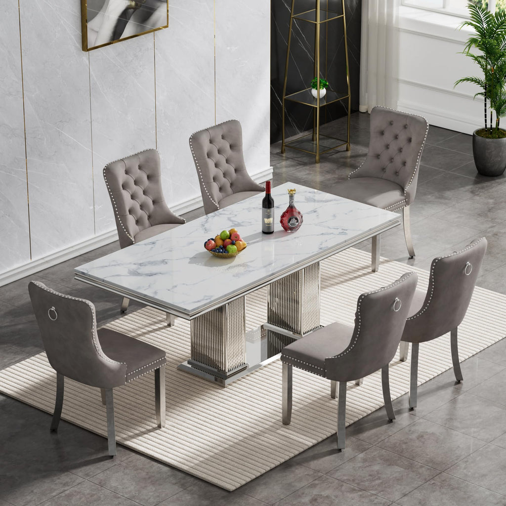 White Marble Dining Table Set for 6, 68 inch White Marble Table with Silver Double Column Stainless Steel Base, Faux