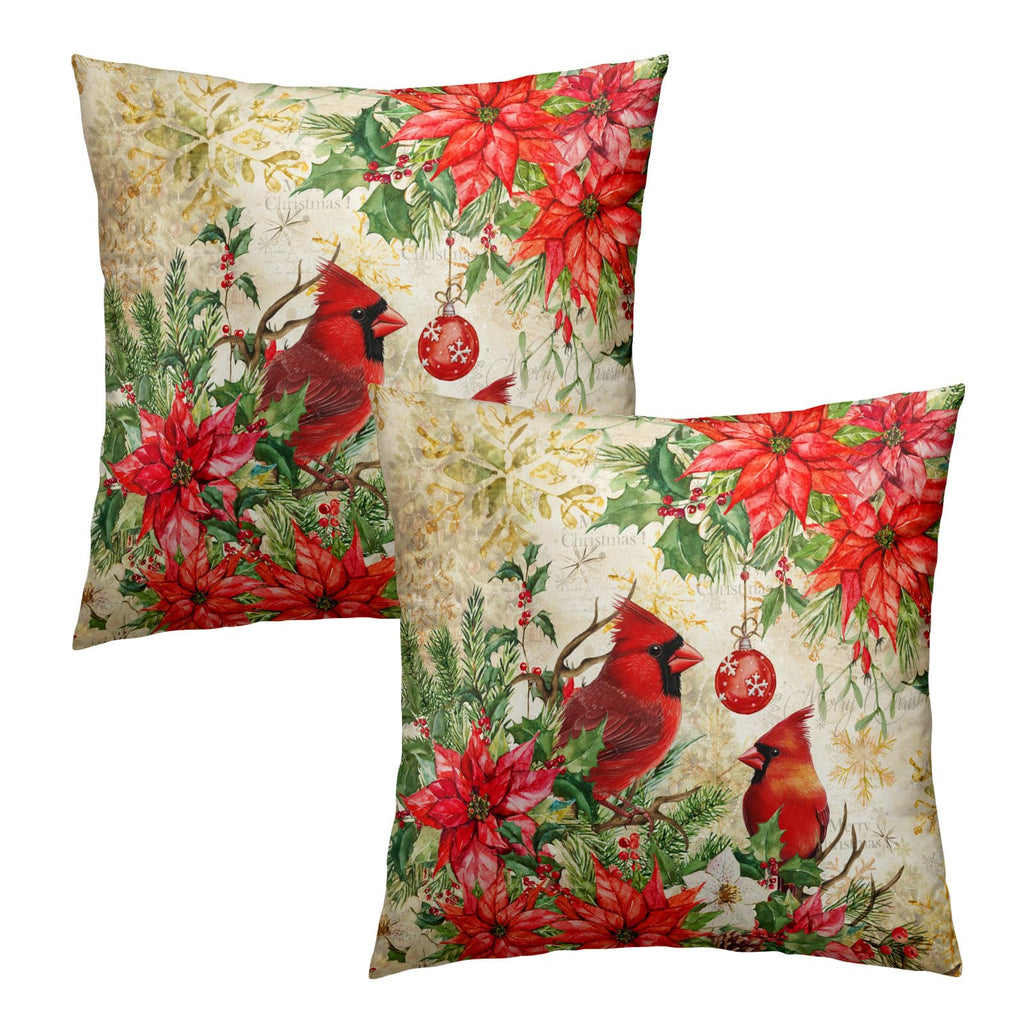 Xmas Bird Winter Holly Pillow Covers 16 x 16 Inch Red Poinsettias Berry Pine Cone Square Seasonal Decorative Pillow