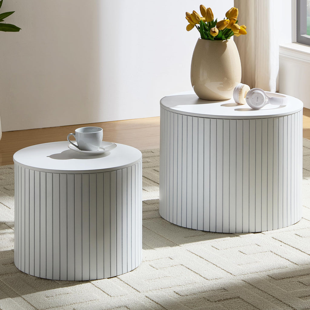Round Coffee Set of 2, Wood Small Nesting Tables with Storage, Circle Side, Modern Accent End with Moveable Lid