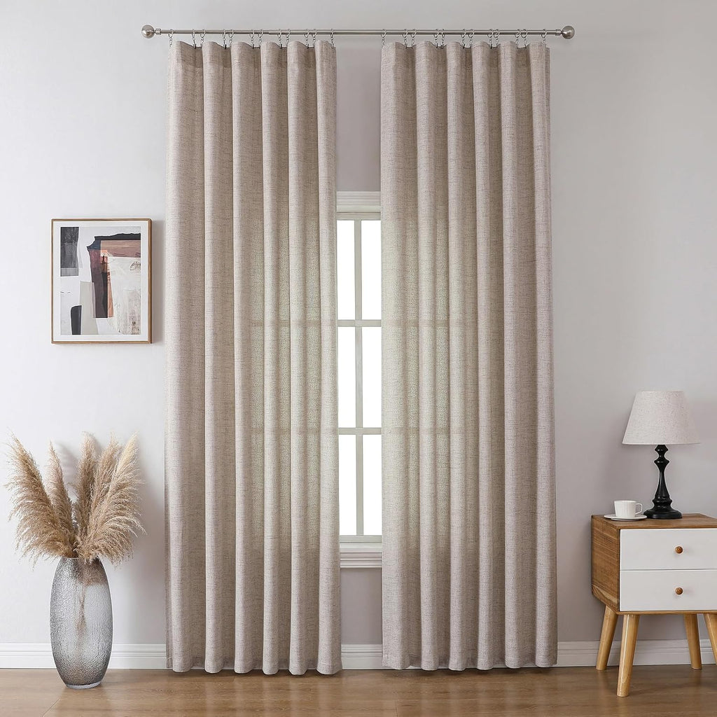 Taupe Flax Linen Pinch Pleat Curtains Drapes 102 Inches Long 2 Panel Thick | Semi Sheers Light Filtering Curtain