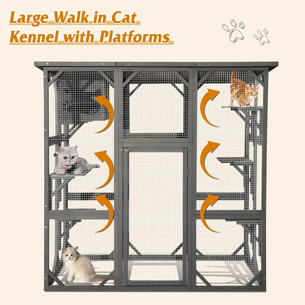 Cat Enclosure Large Outdoor Catio Wooden Cat House with Weatherproof, Cat Cage Condo Indoor Playpen with Platform
