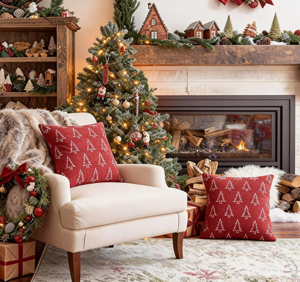 Christmas Chenille Pillow Covers 20x20, Reversible Snowflake & Tree Design, Cozy Farmhouse Holiday Throw - Set of 2