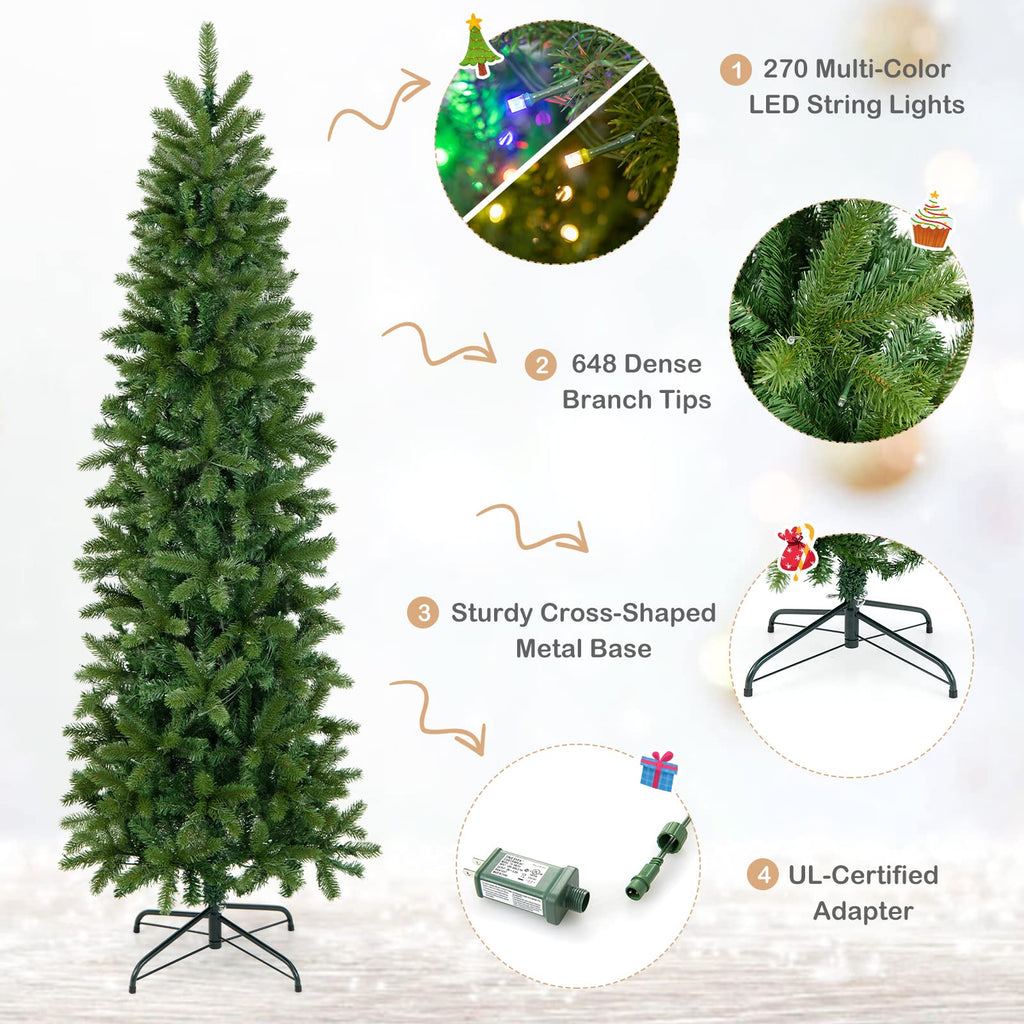 6 FT Pre-Lit Christmas Pencil Tree with 270 LED Warm White & Multi-Color Lights, 10 Flash Modes, 648 Tips, Hinged