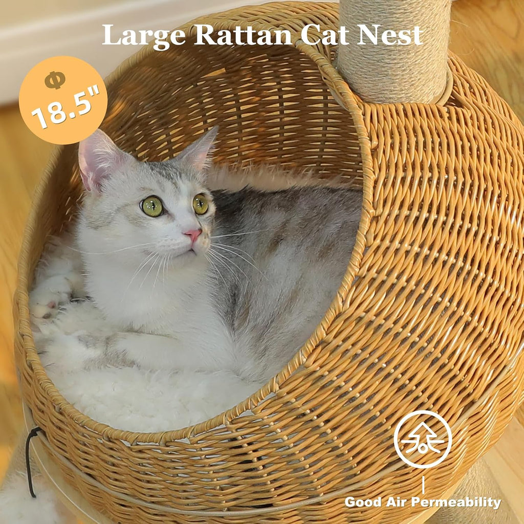 Dinosaur Cat Tree 46" Cat Scratching Posts with Large Rattan Bed