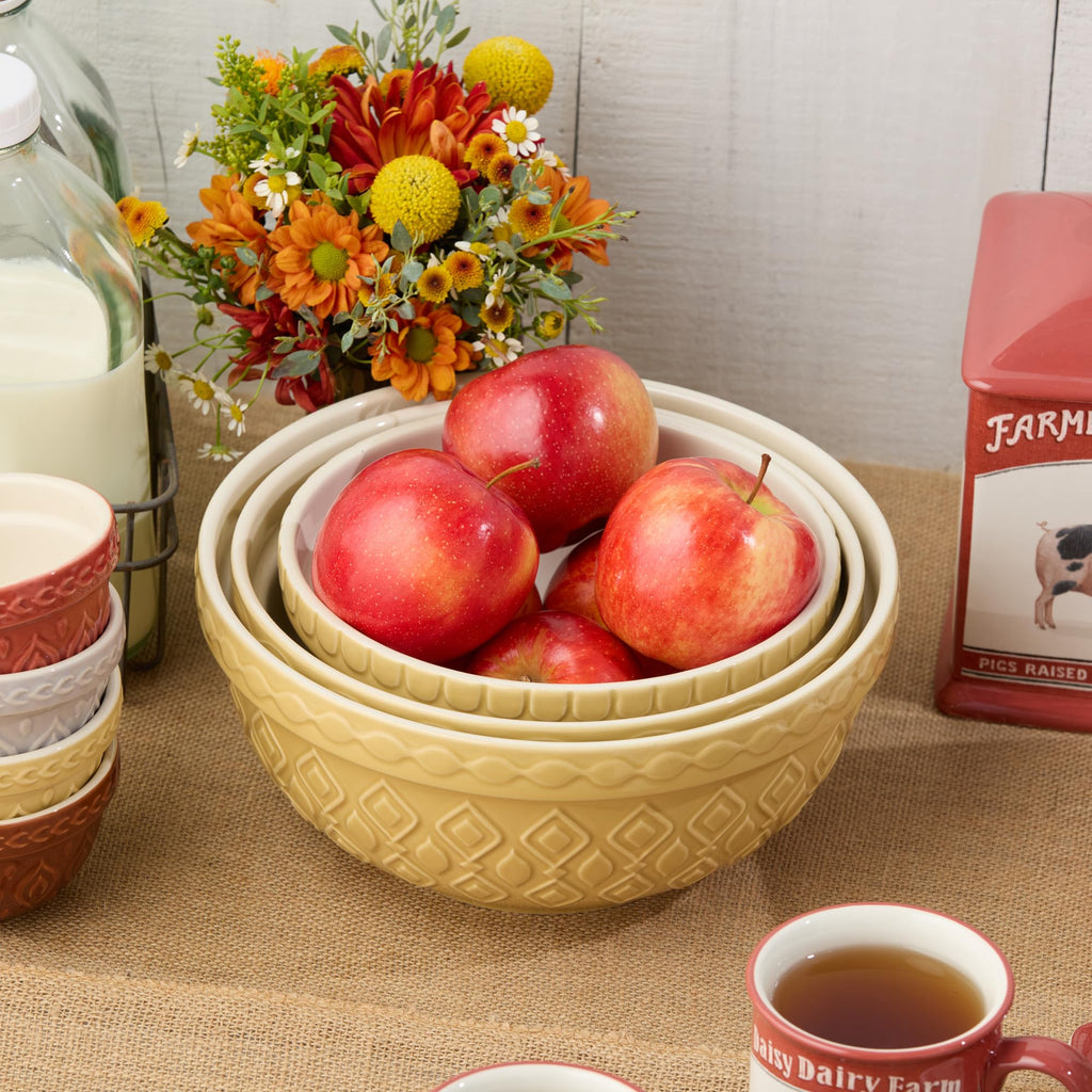 Vintage Farm Stoneware Mixing Bowl Set, 3-Piece, Includes 2 Qt, 3 Qt & 4.25 Qt Bowls, Embossed Patterns