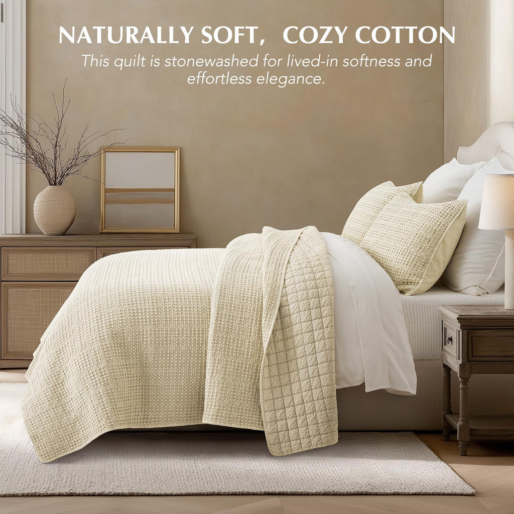 Stonewashed Cotton Waffle Quilt Set, Natural