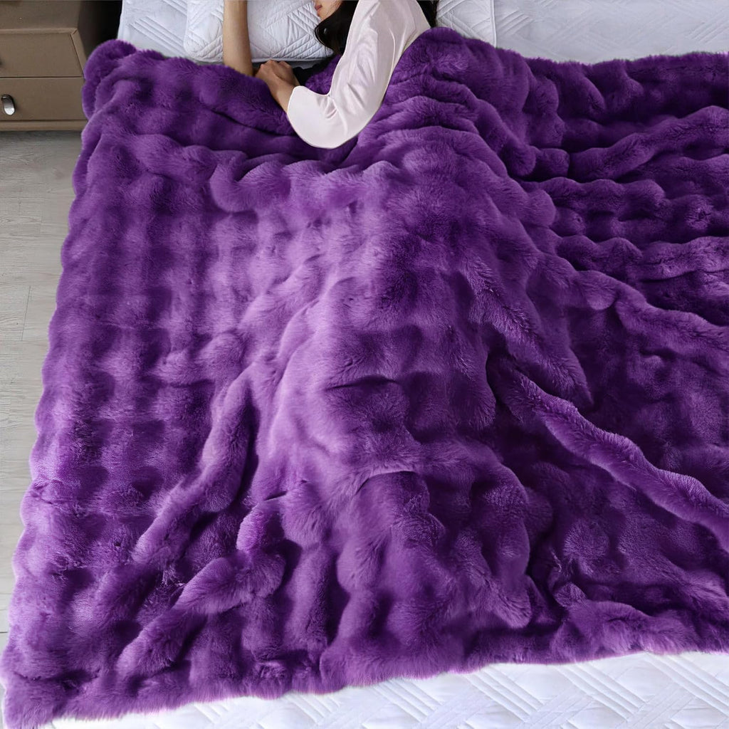 Purple Faux Fur Throw Blanket for Couch, Double-Sided Bubble Textured Plush Blanket with Soft Flannel Back
