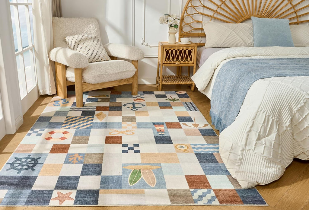 Patchwork Plaid Washable Rug Coastal Classroom (Checkerboard Blue, 5' x 7')