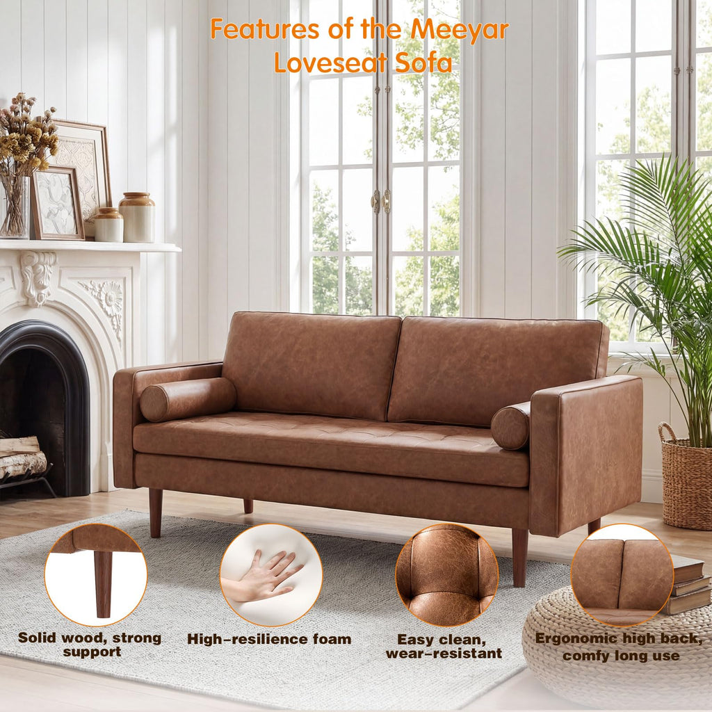 Faux Leather Couch, 70" Mid-Century Modern Sofa, Brown