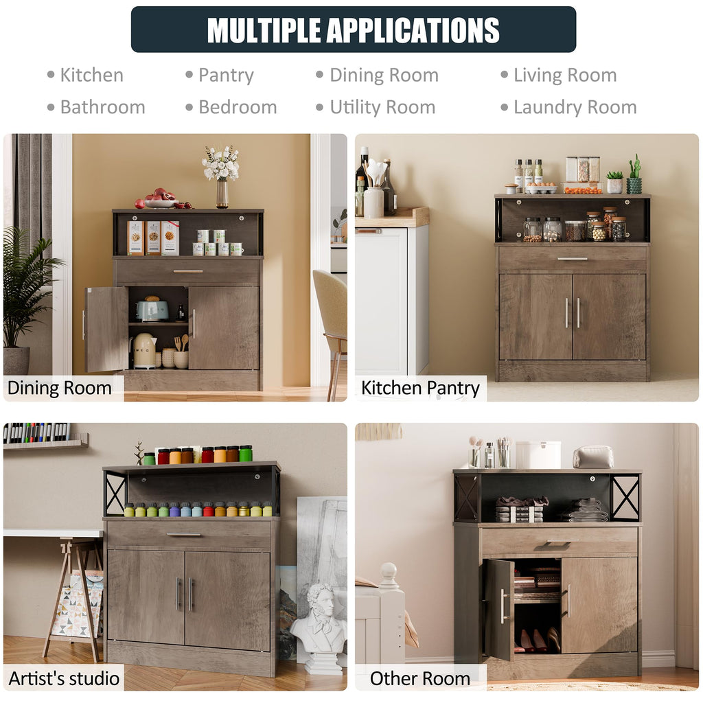 Kitchen Buffet Sideboard Cabinet, Storage Cabinets with 2 Doors and 1 Drawers, Open Storage & Adjustable Shelf