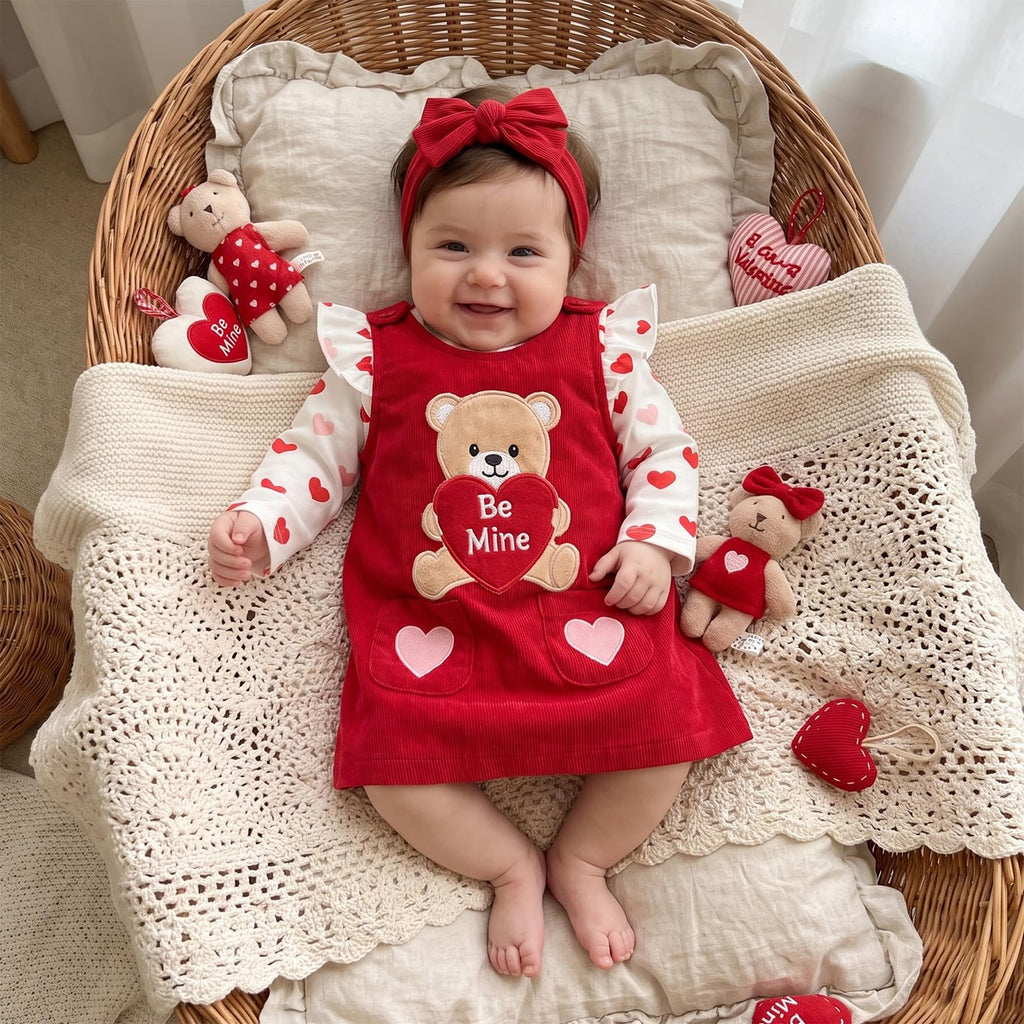 My First Valentines Day Baby Girl Outfit Ruffle Long Sleeve Romper Love Heart Overall Dress Headband Cute Clothes