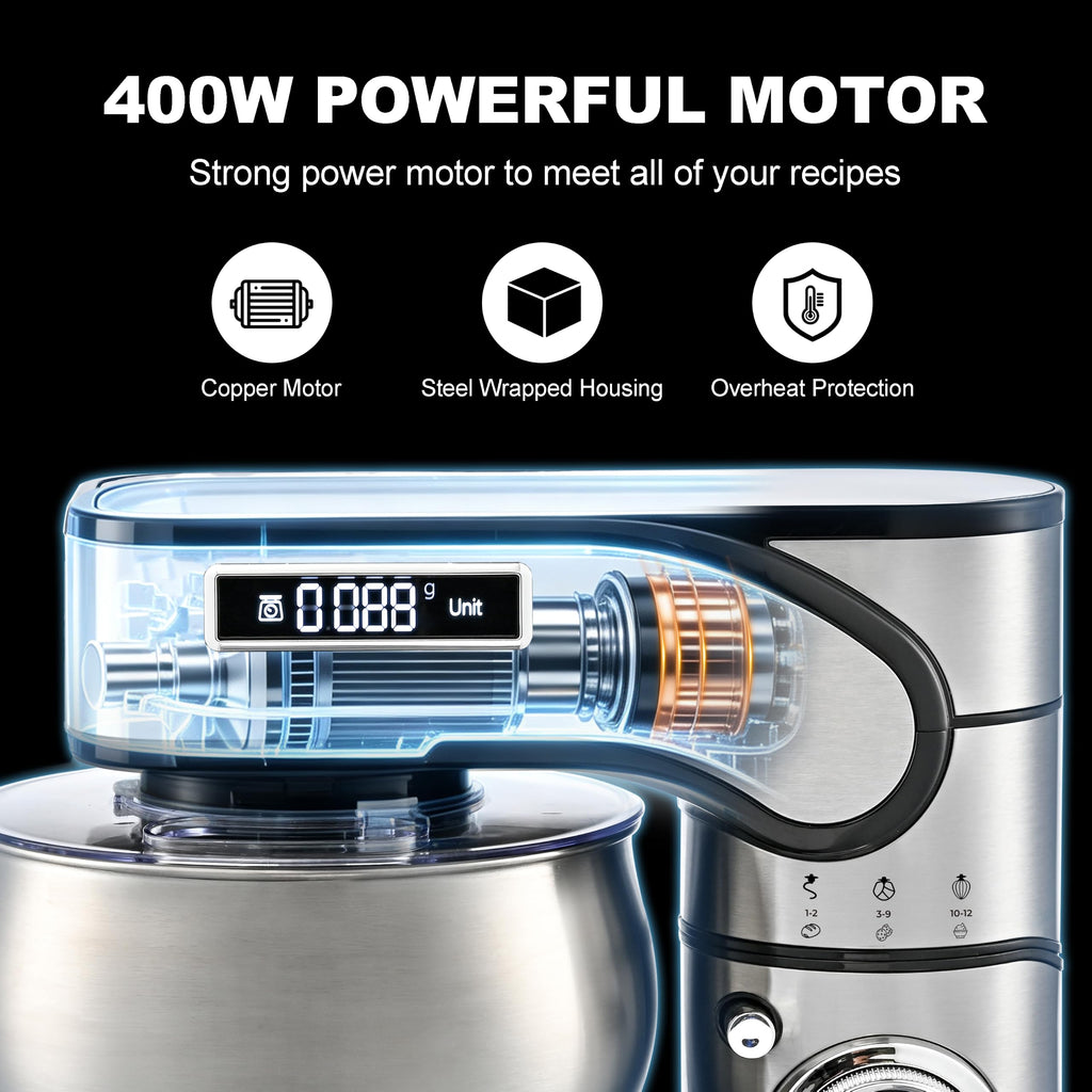Stainless Steel 12-Speed 5.3QT Stand Mixer w/Scale & Timer