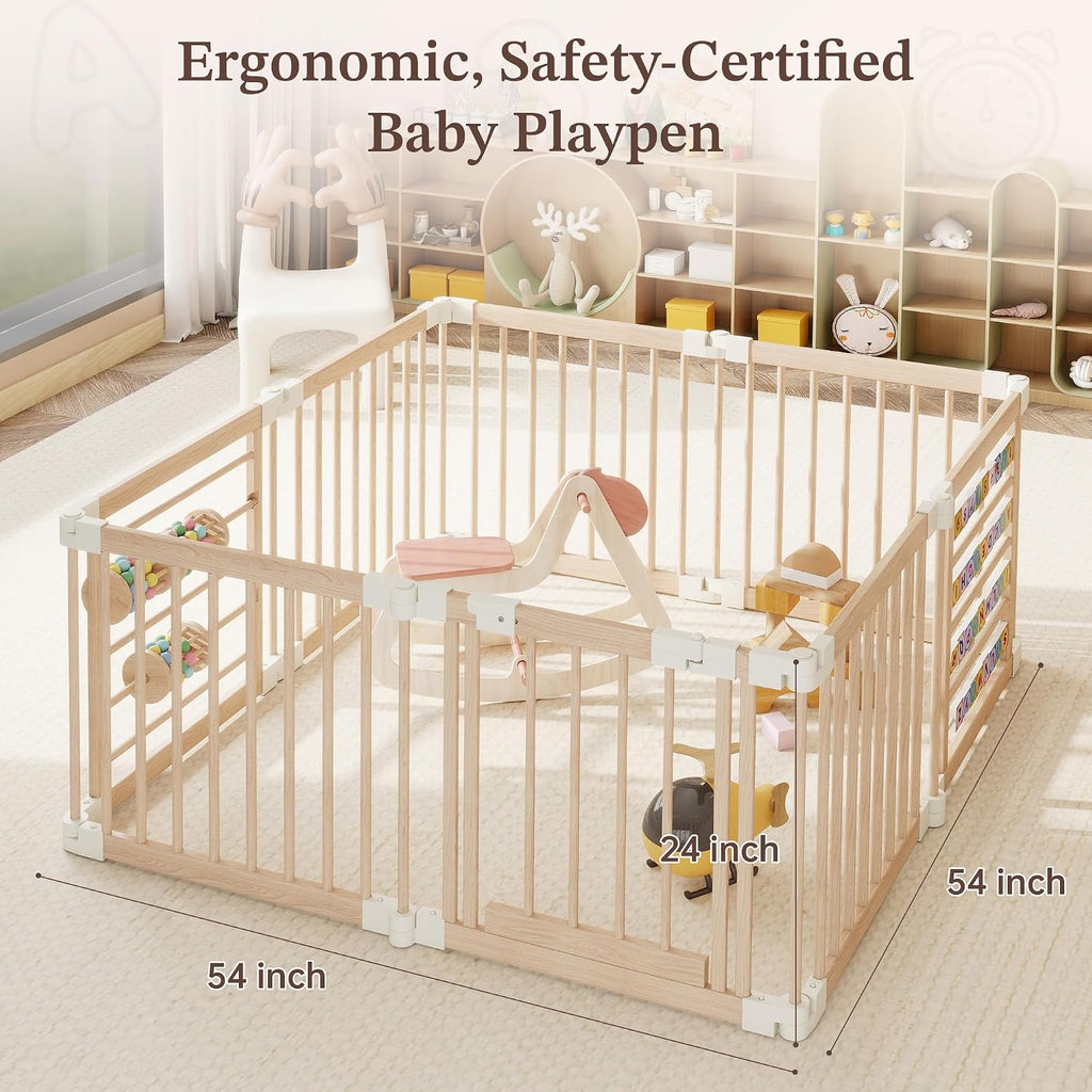 Wooden Baby Playpen, 8-Panel Foldable Play Yard with Built-in Toys | 54 x 54 x 24 in Large Adjustable Baby Fence with