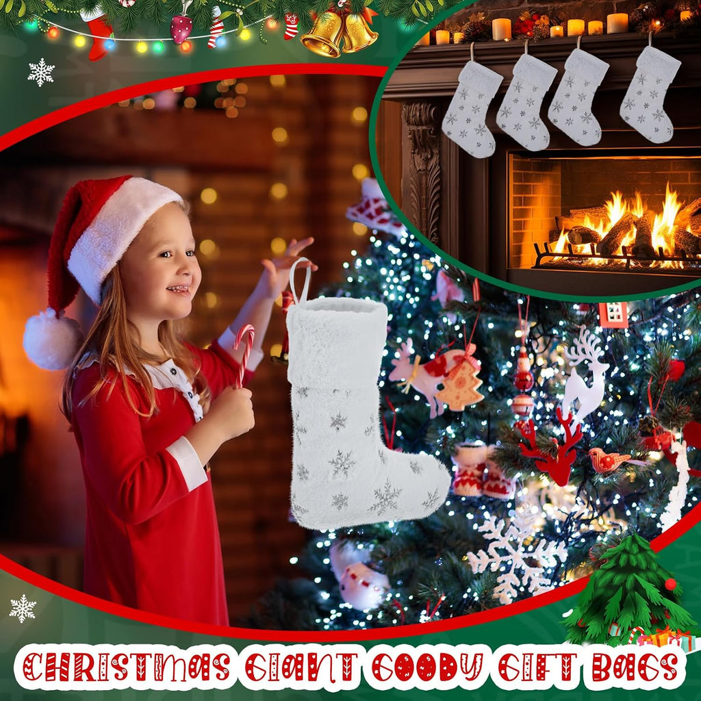 6 Pcs Christmas Stockings 6 Holders White Fur,Silver,Cute