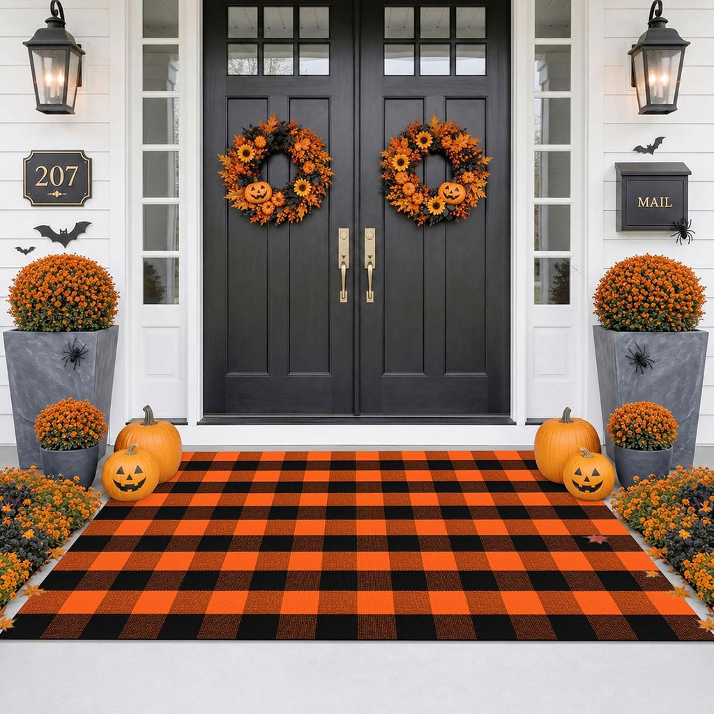 Buffalo Plaid Rug Woven Holloween Orange and Black Rug