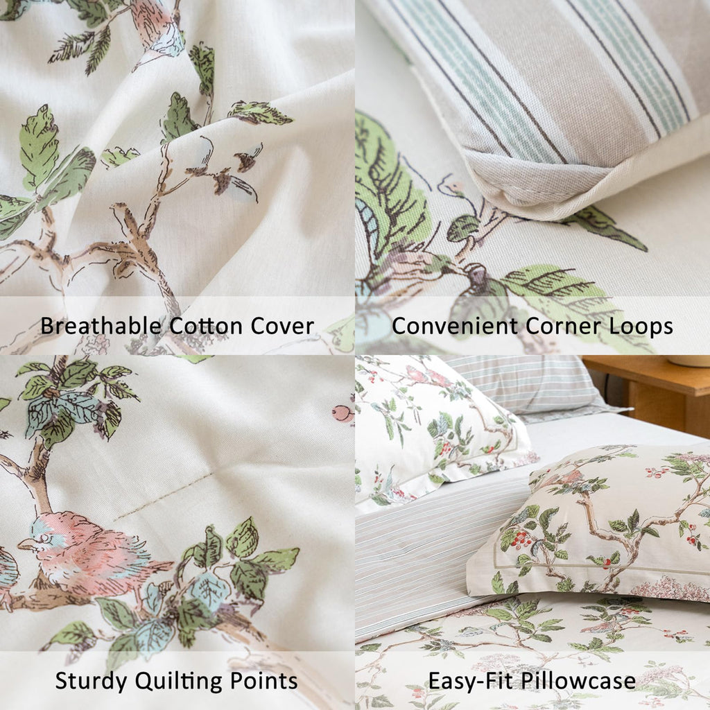 Farmhouse Cotton Comforter Set 3PC - Soft Cream Base Songbird Grove Botanical Prints, Earthy Stripe