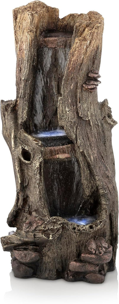 Outdoor Rainforest Waterfall Tree Trunk Floor Fountain with LED Lights, Tiered Garden Decor, 41" H, Brown