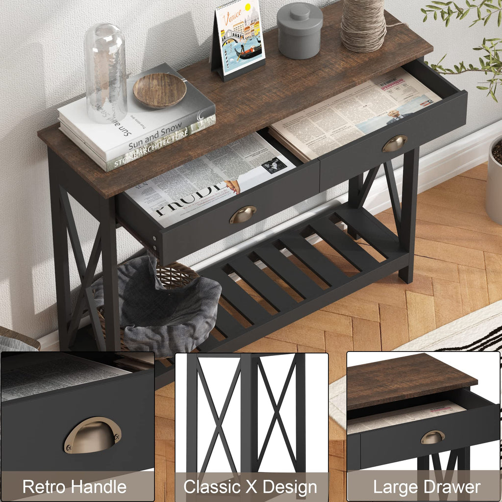 Farmhouse Console Table with Drawer, Narrow Long Entry Table with Shelf, Rustic Vintage Hallway Sofa Table with