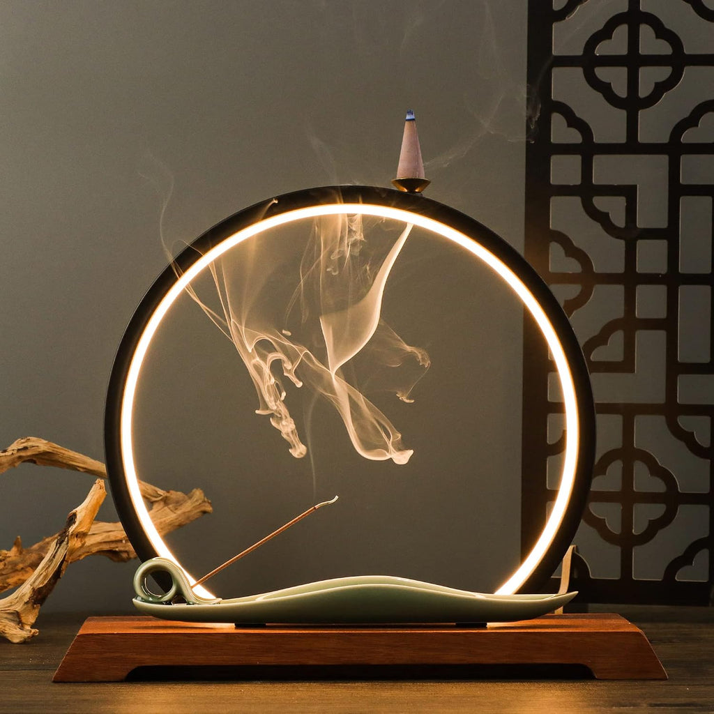 Backflow Incense Burner with LED Light Ring, Ceramic, Waterfall Design, Includes 1 Tweezer and 30 Incense Sticks
