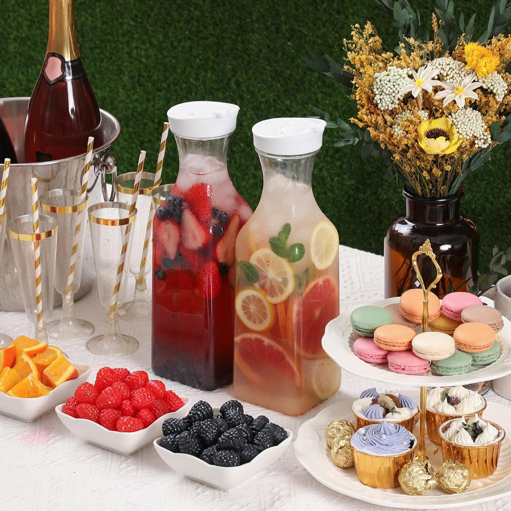 Plastic 50 Oz Water Carafe with Flip Top Lid, Set of 2 Square Base Juice Containers, Clear Plastic Pitcher - for