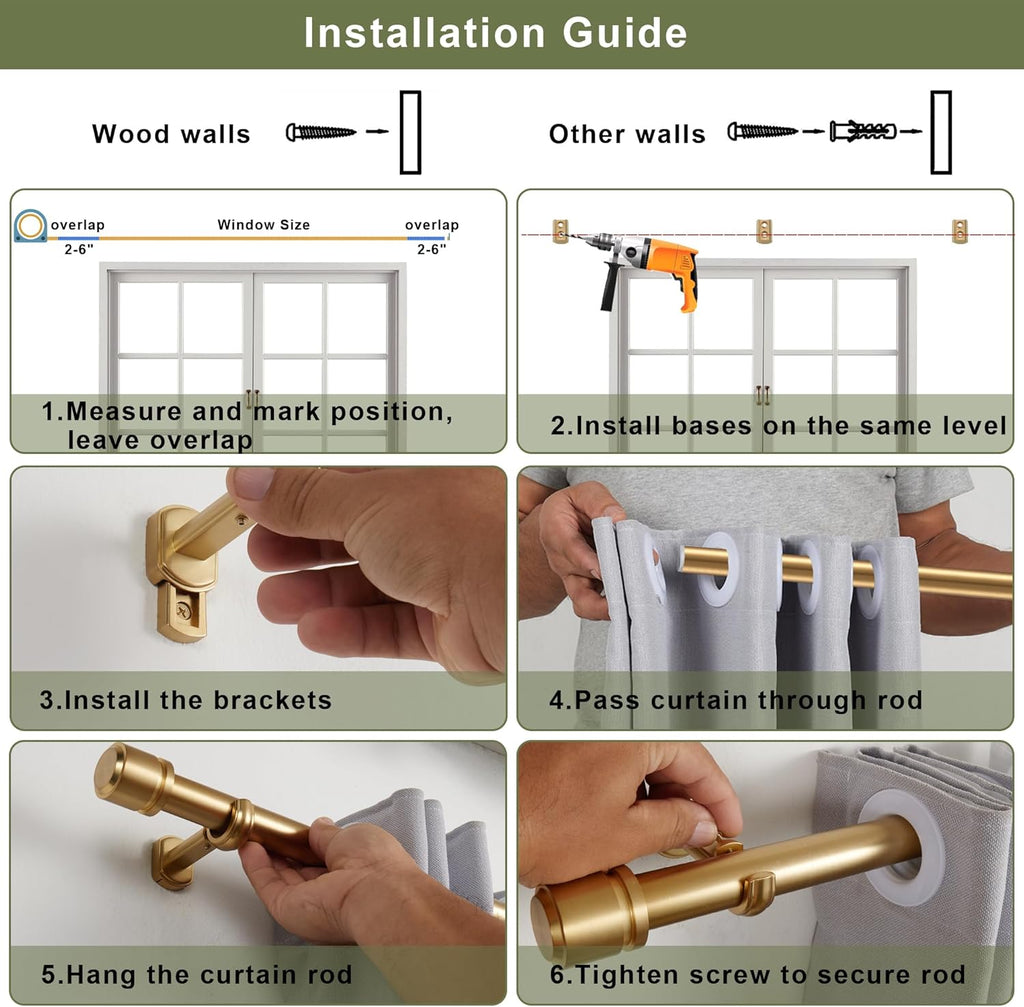 1 1/8 Inch Diameter Curtain Rods 36 to 72 Inches(3-6ft), Telescoping Heavy Duty Large Drapery Rod with Adjustable