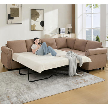 104" Sectional Sleeper Sofa Queen, L Shaped Couch with Pull Out Bed, Brown