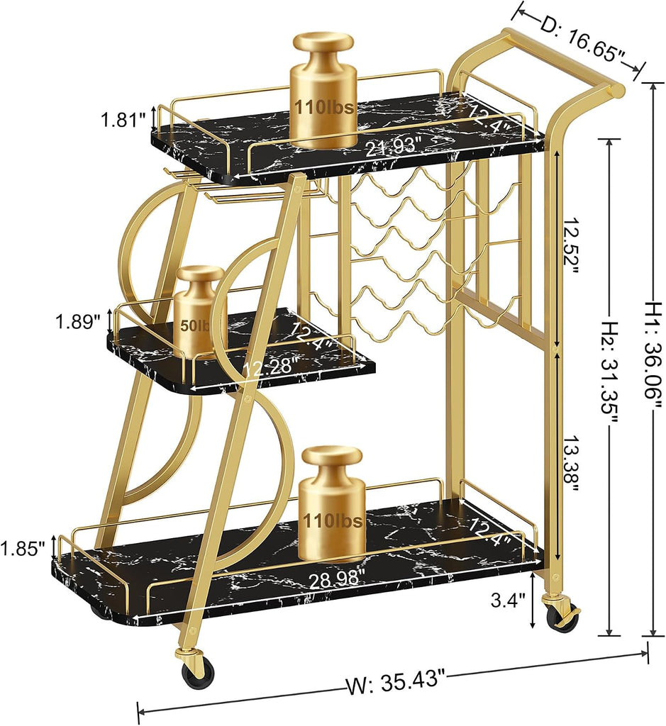 Bar Cart Bar Serving Cart on Wheels, 3 Tier Liquor Carts with Wine Rack and Glass Holder, Rolling Beverage Trolley