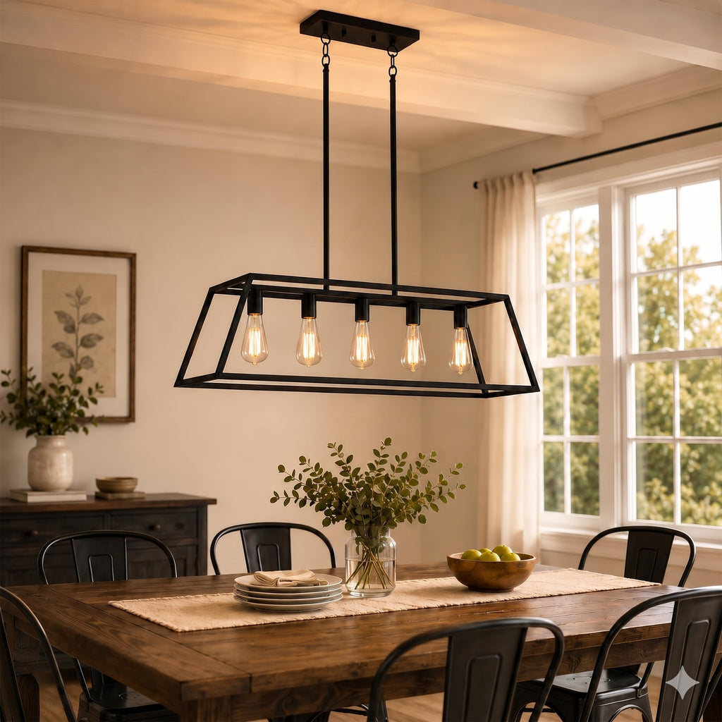 Black Kitchen Island Lighting, 5-Light Farmhouse Chandeliers, Modern Industrial Linear Rectangle Pendant Light
