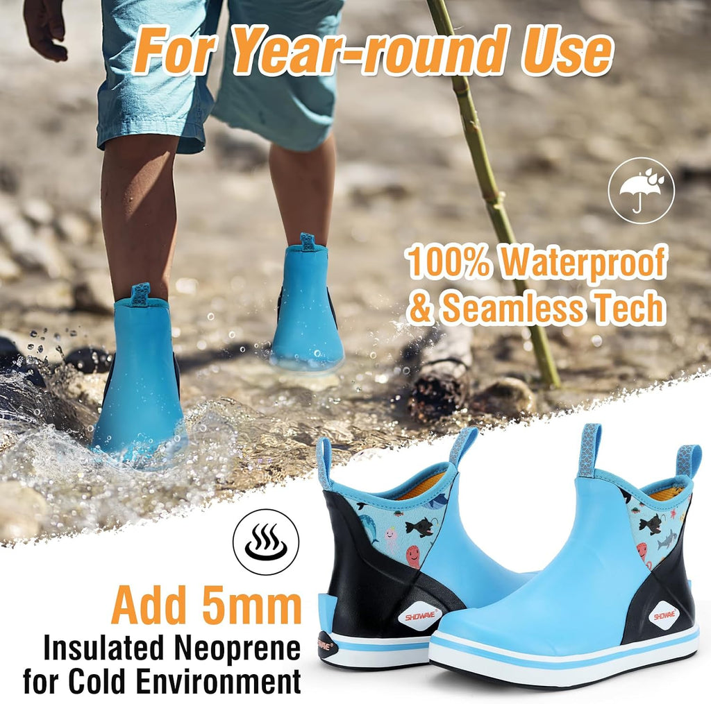 Kid's Deck Boots Waterproof Ankle Rain Boots for Boys Girls Insulated Neoprene Rubber Boots Non-slip Child Rain Shoes