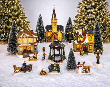 20-Piece Lighted Christmas Village Set with LED Lights Battery Operated Miniature Holiday Town Display Hand-Painted