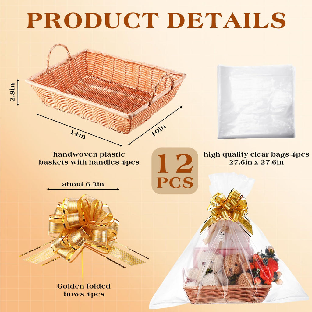 4 Set Large Baskets for Gift Empty with Handle, Wood Color