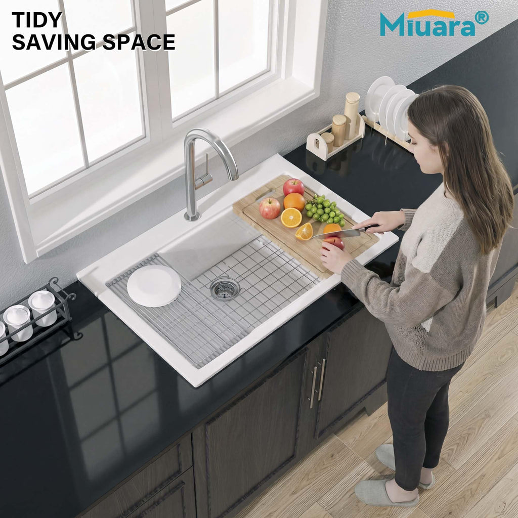 33 x 22 Inch Drop In Fireclay Workstation Kitchen Sink White 1 Hole